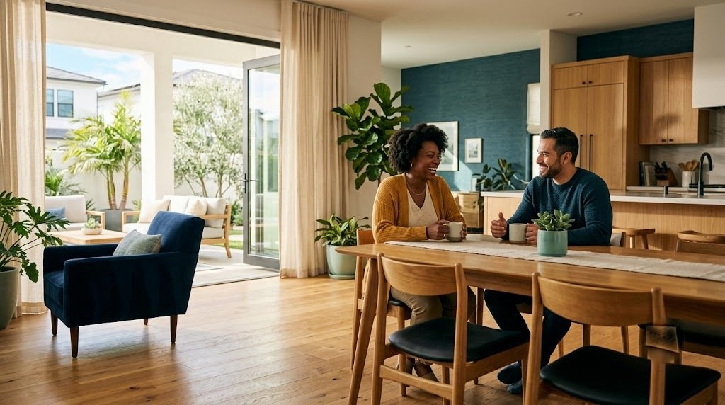 A self-employed borrower reviewing statements at a California home