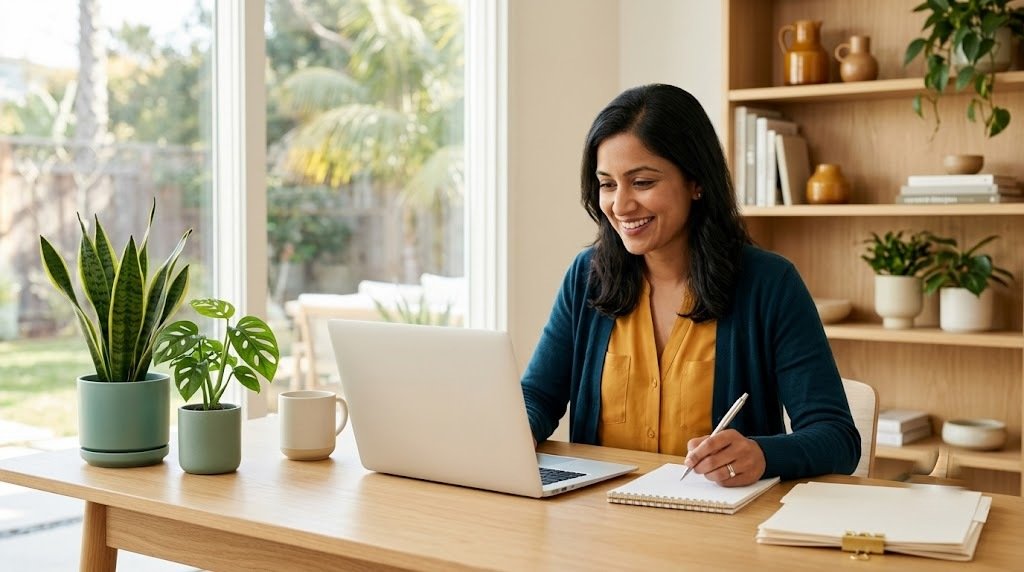 A self-employed borrower reviewing bank statements at home