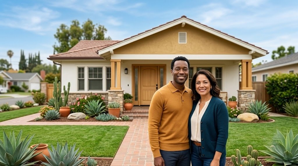 A couple in front of their first California home