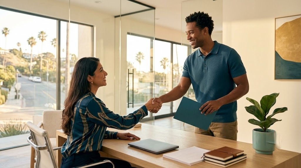 A California mortgage advisor welcoming a client