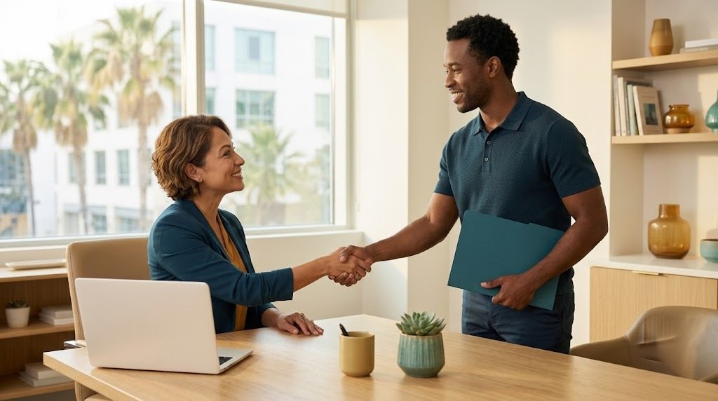 A mortgage advisor and client shaking hands after a pre-approval