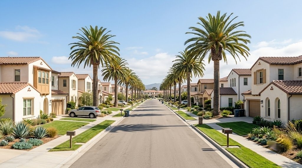 A quiet California neighborhood street lined with palms