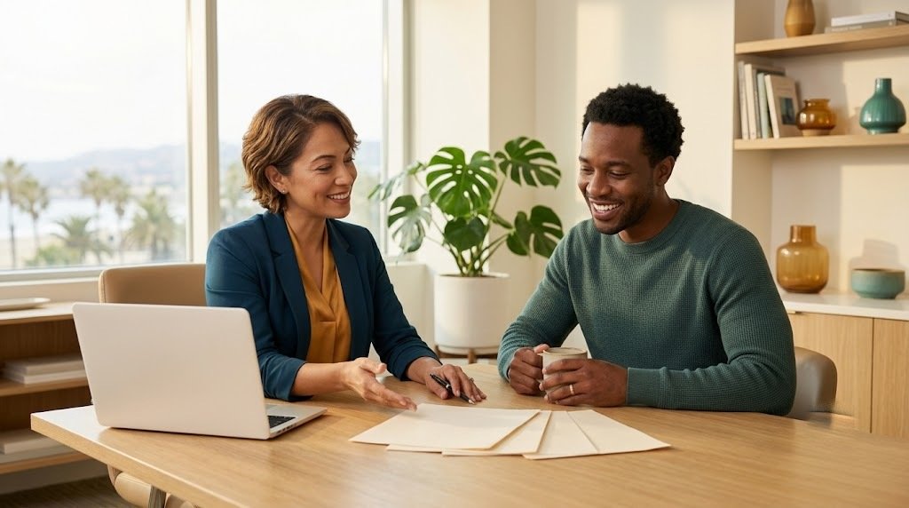 A homeowner reviewing a refinance with an advisor in California