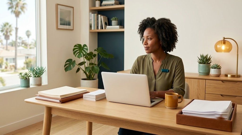 A self-employed professional working from a California home office
