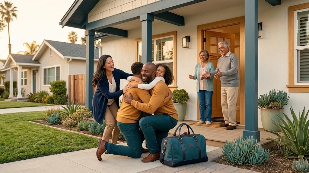 A family welcomed home, representing VA loans in California