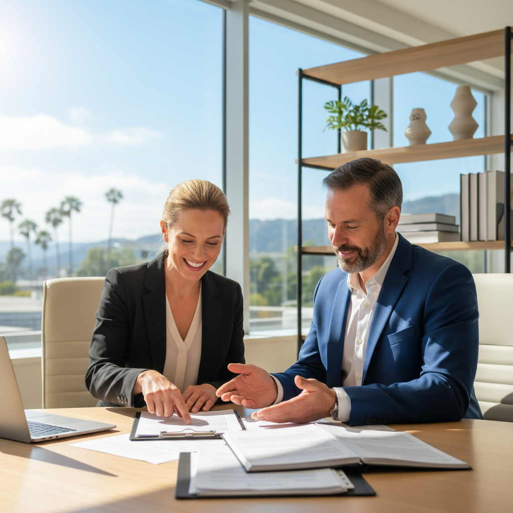 Business owner in California signing business bank statement mortgage documents with lender