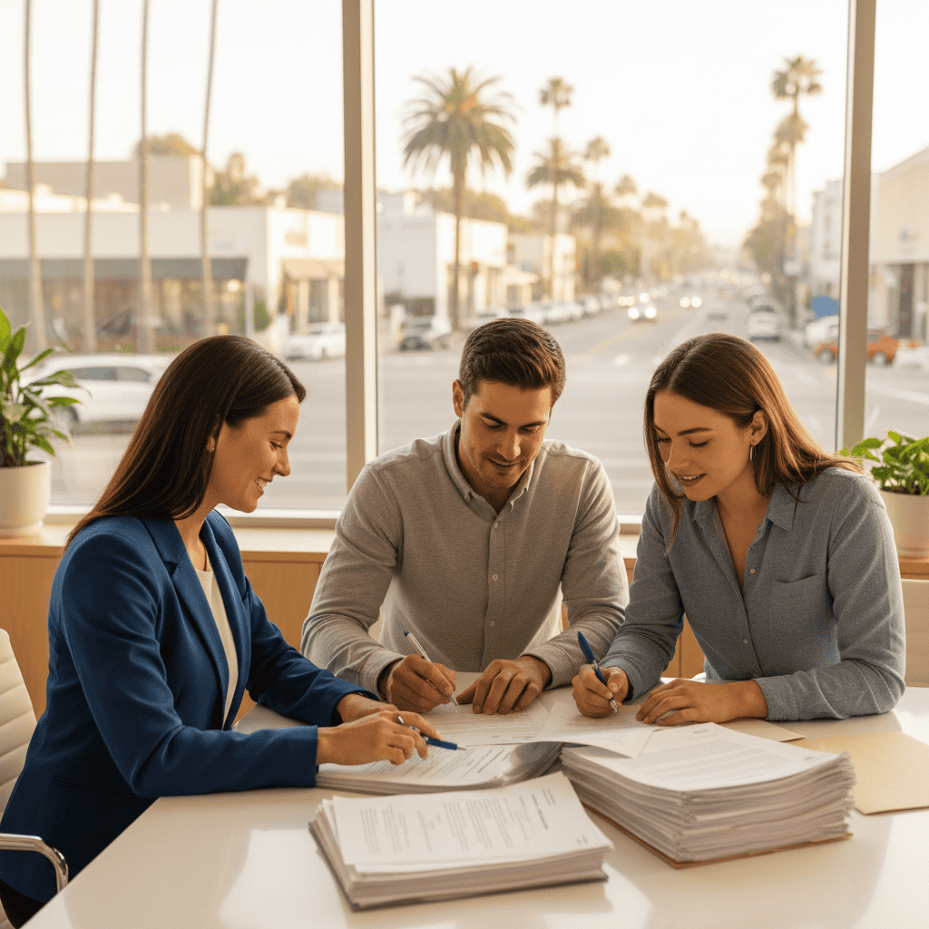 Couple signing documents for bad credit home loans California with a mortgage lender