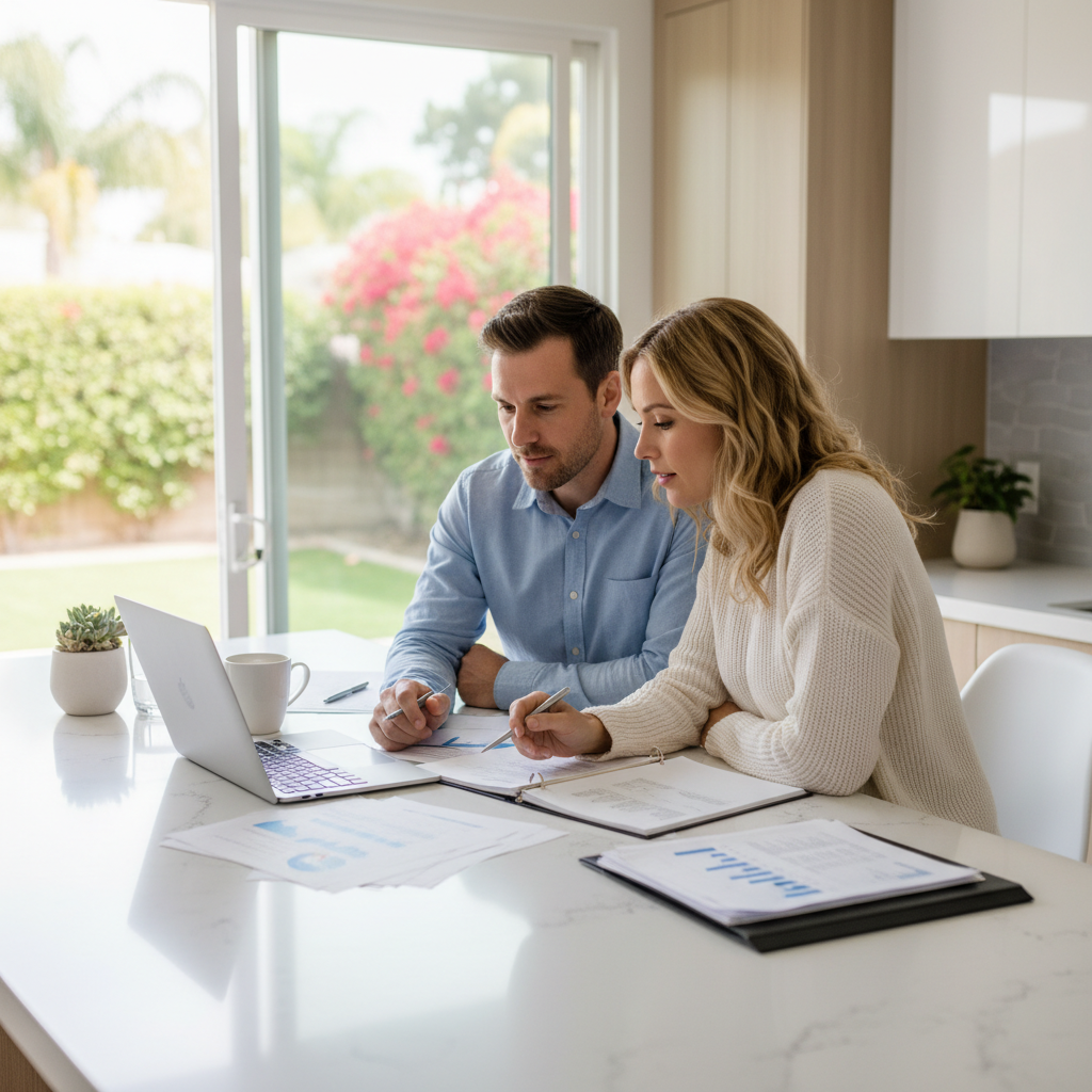 Couple reviewing documents on how to buy a house with a 580 credit score in California