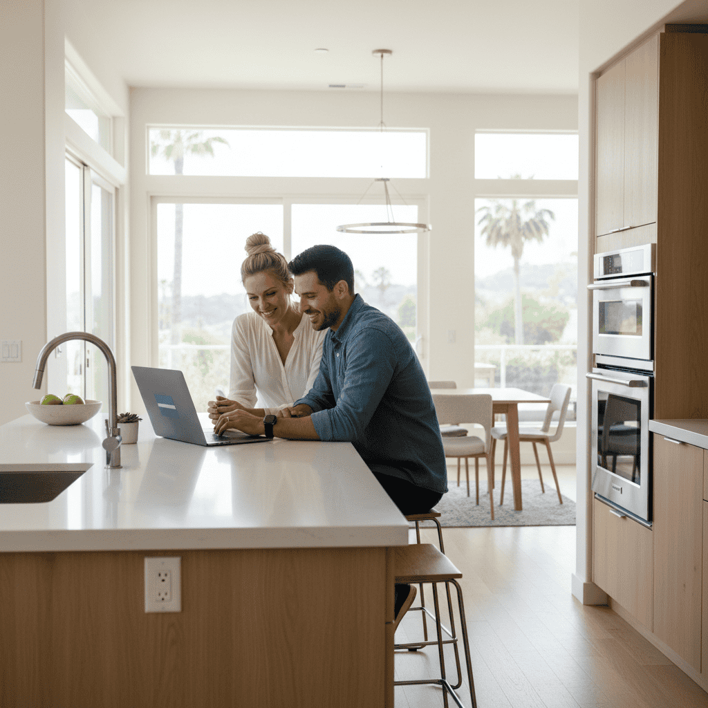 Young couple reviewing their credit score to buy a house on a laptop in California kitchen
