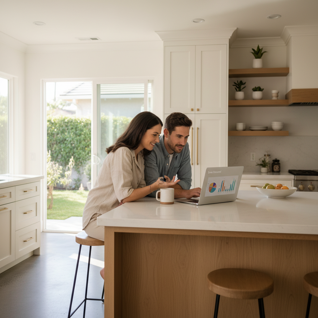 California couple using a refinance savings calculator on a laptop at home