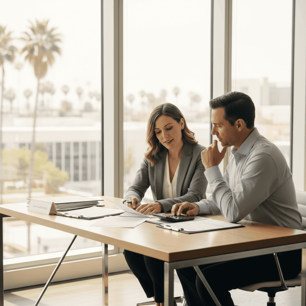 Self-employed borrower reviewing P&L mortgage loan California documents with accountant