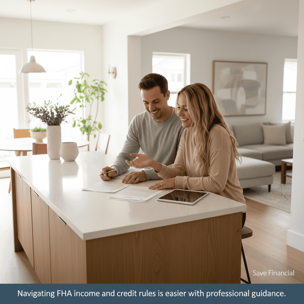 Happy couple reviewing FHA loan requirements 2026 documents in their new California home