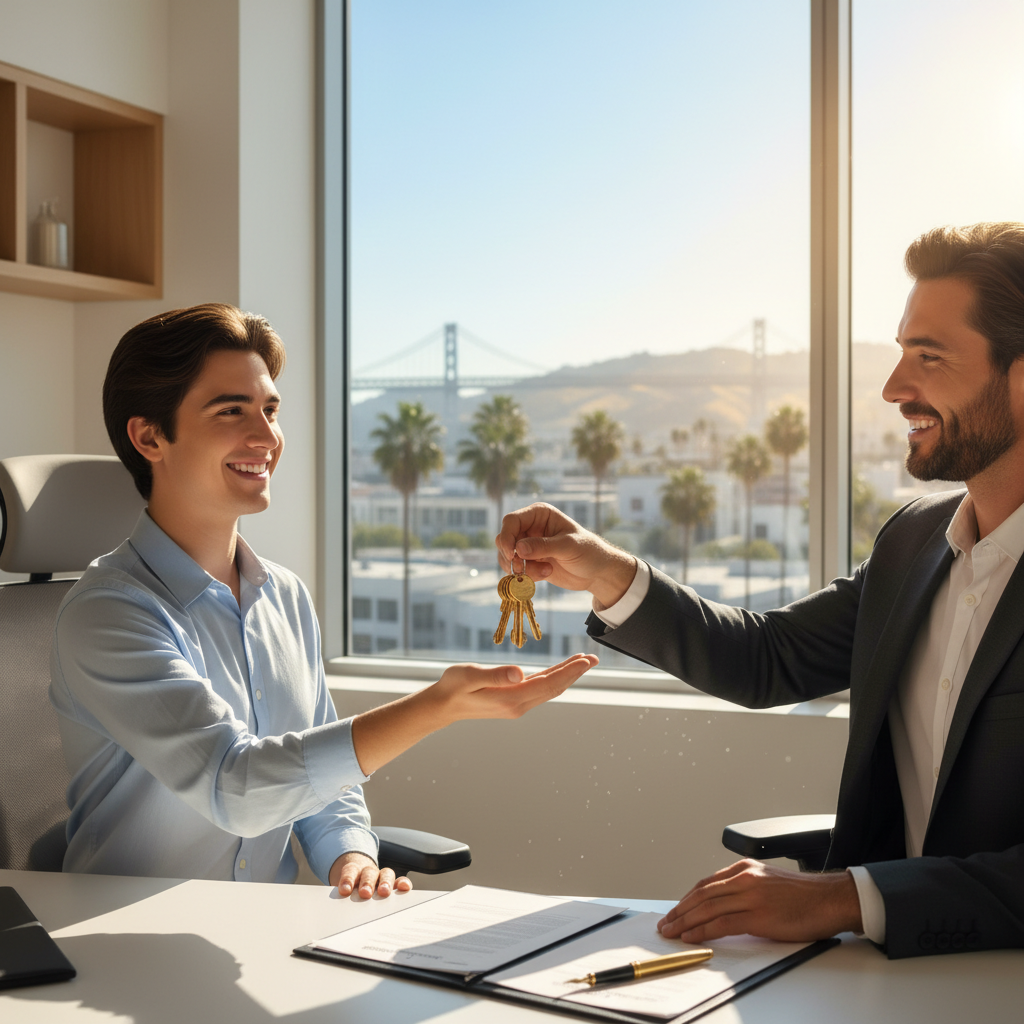 Happy first time home buyer california getting keys to new house from Save Financial lender