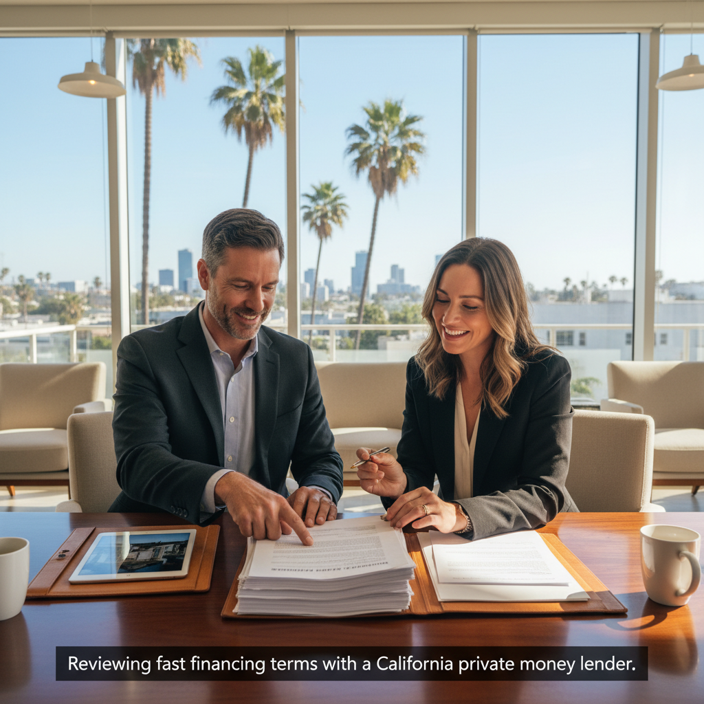 Real estate investor reviewing hard money loans California terms with lender