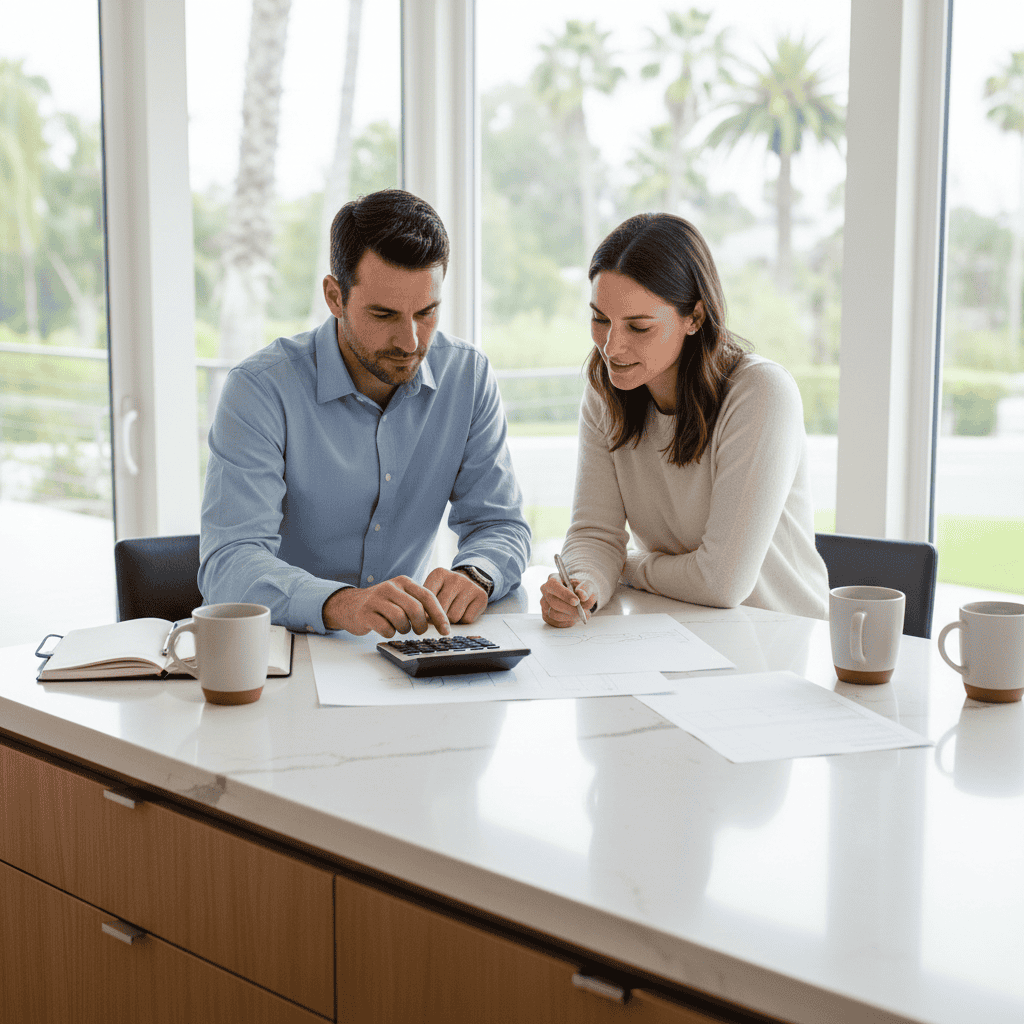Couple calculating how much down payment do you need to buy a house in California with a calculator