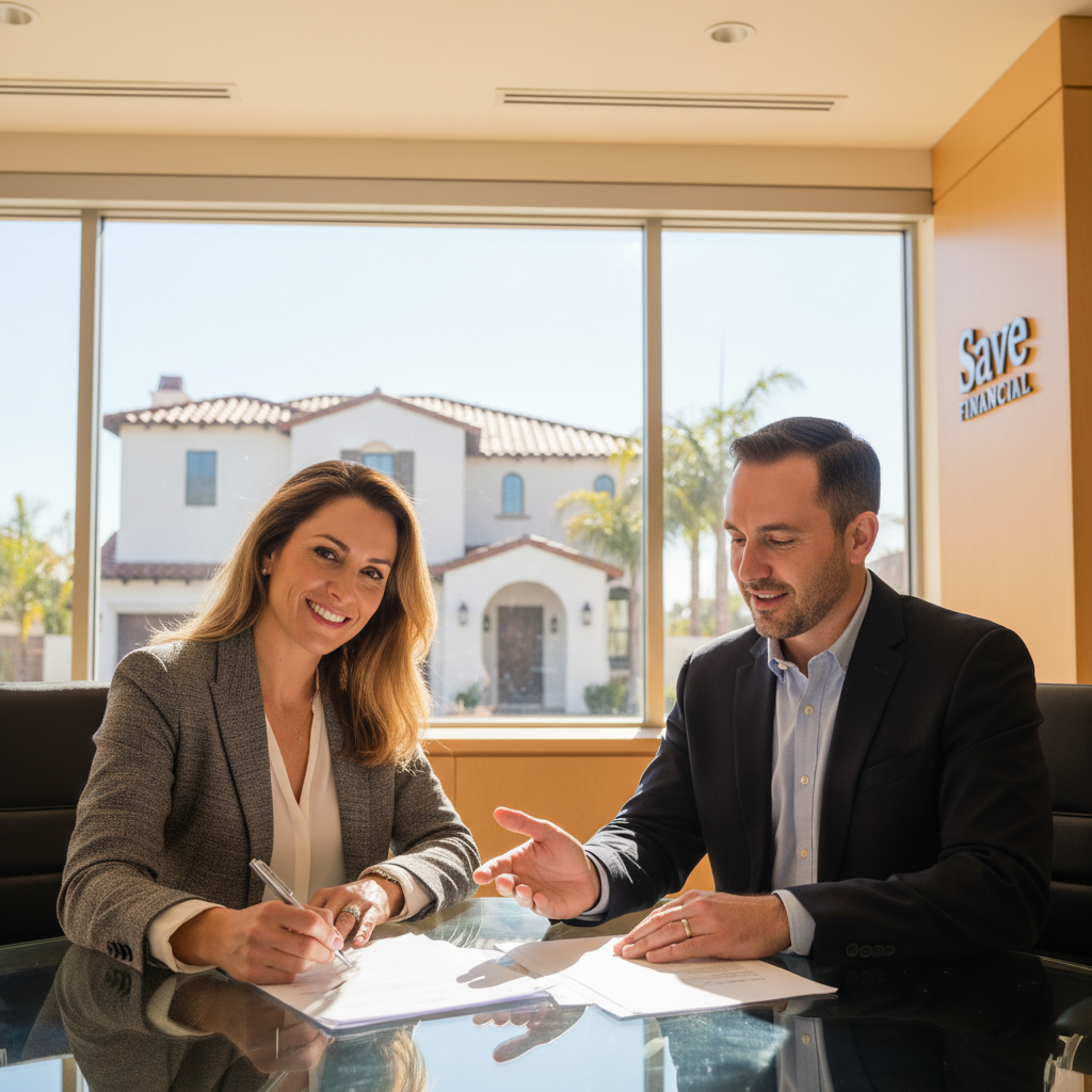 California self-employed business owner smiling and signing bank statement loans vs traditional mortgages paperwork