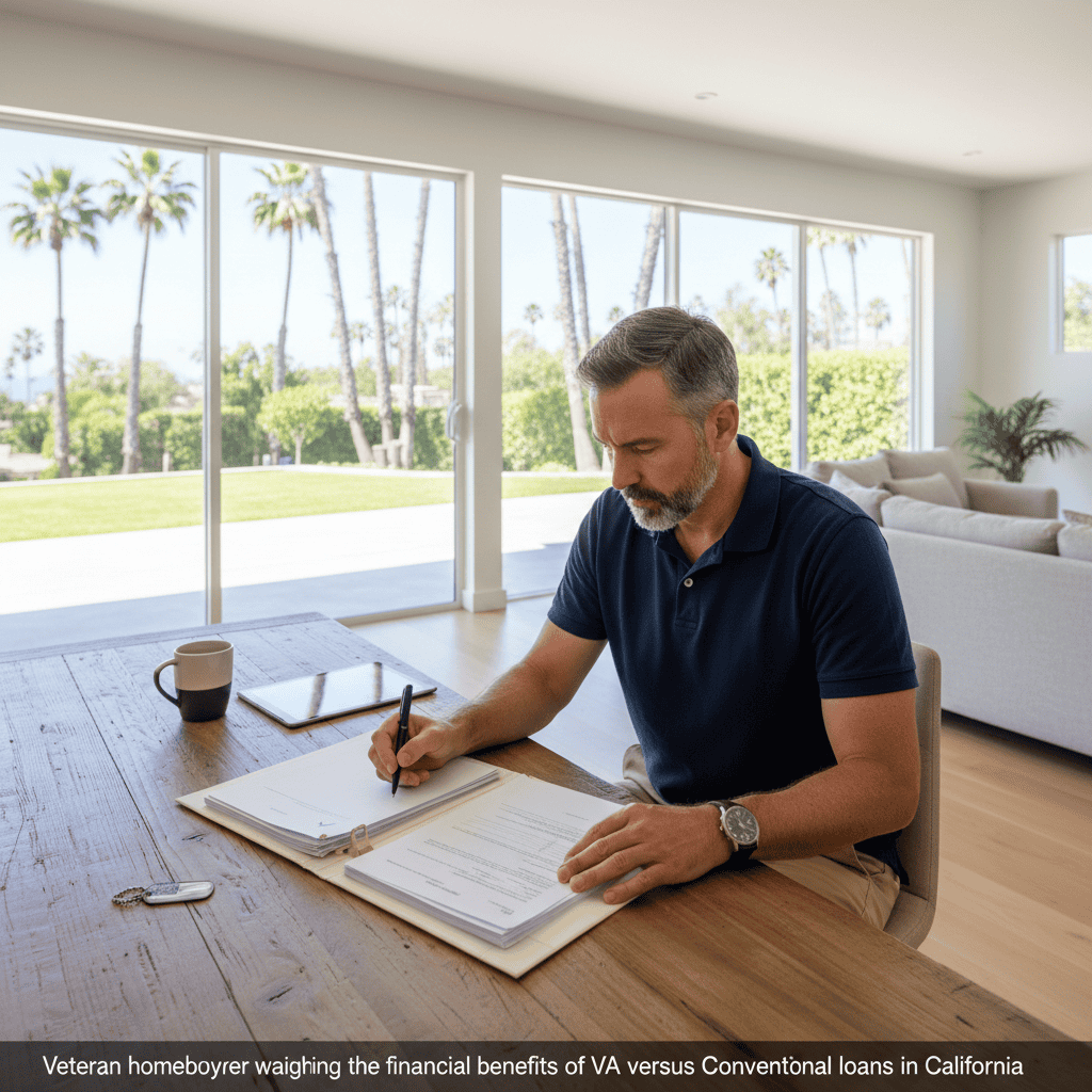 California veteran comparing VA loans vs Conventional loans paperwork at home
