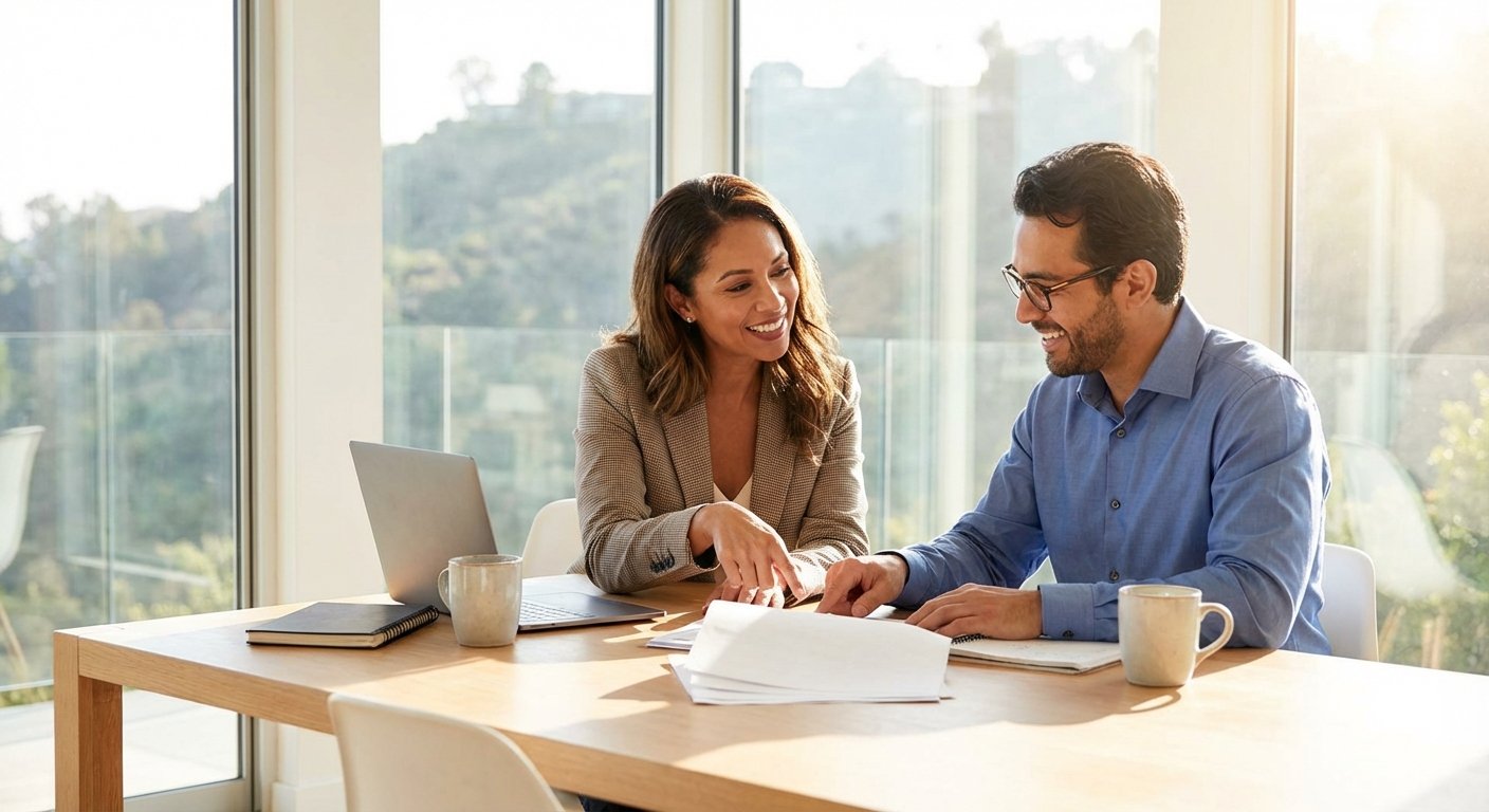 Self-employed home buyer in California reviewing bank statement loan requirements at a table